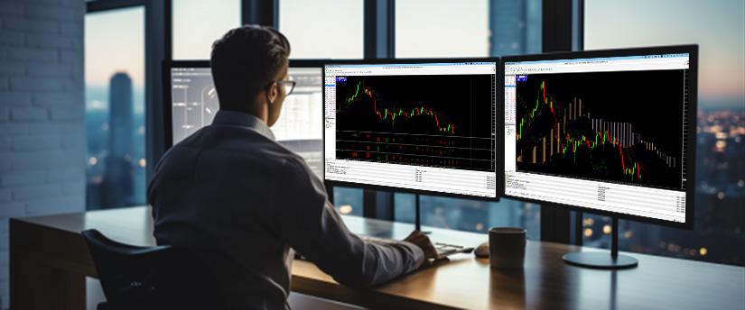 <p>Un hombre sentado en un escritorio, concentrado en tres monitores que muestran diferentes tendencias y gráficos del mercado de valores.</p>