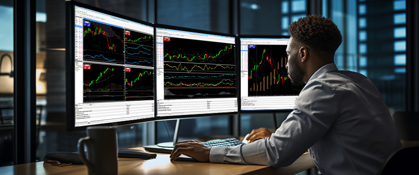 <p>Um homem em uma mesa com três monitores exibindo várias plataformas de trading e dados de mercado.</p>