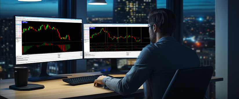 <p>Um homem sentado em uma mesa, concentrado em dois monitores exibindo diferentes indicadores e gráficos de trading.</p>
