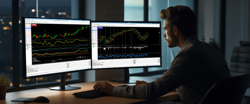 <p>Um homem em uma mesa com dois monitores exibindo diversos indicadores de trading e análises de dados.</p>