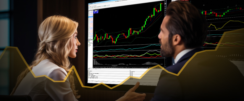 <p>Dos personas analizando una pantalla que muestra una línea de tendencia ascendente, indicando crecimiento o progreso positivo.</p>