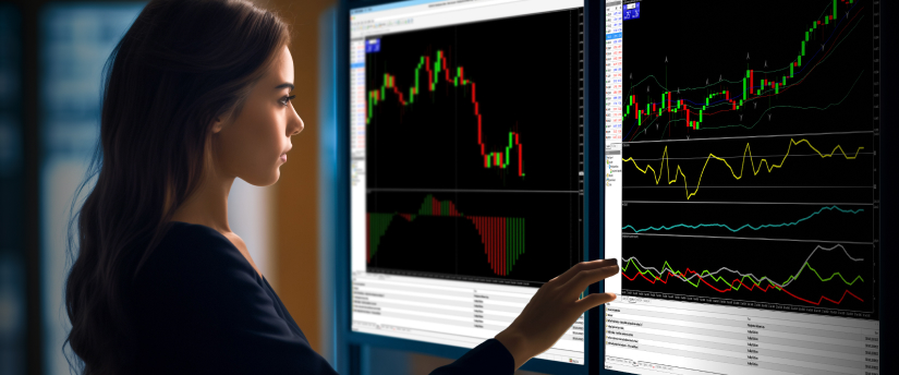 <p>Una mujer observando una pantalla que muestra varios indicadores de trading y gráficos analíticos.</p>