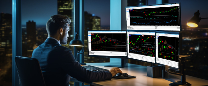Um homem em uma mesa com três monitores exibindo vários gráficos do mercado de ações e análises de dados.