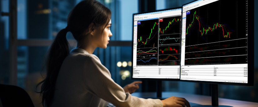 امرأة تجلس على مكتب به شاشتان تعرضان شاشات التداول المختلفة وتحليل البيانات.