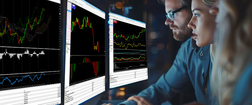 Two people closely analysing multiple MT4 trading charts on large monitors in a low-light workspace.