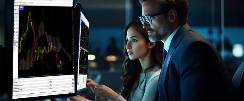 컴퓨터 화면에 표시된 거래 차트를 분석하며 외환 시장 동향과 데이터에 집중하는 두 사람