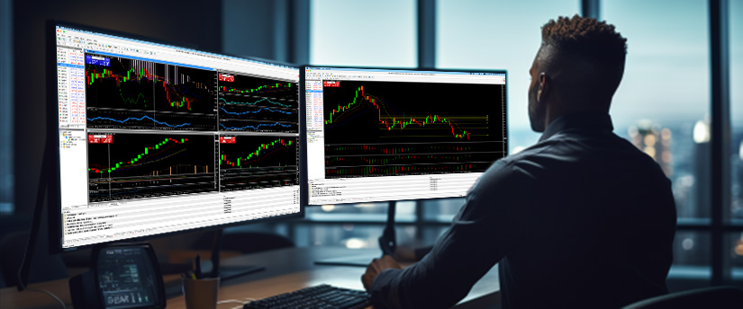 두 개의 모니터에서 다양한 거래 화면과 데이터 분석을 표시하는 책상에 앉아 있는 남성