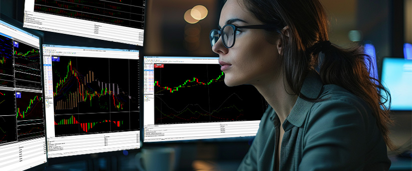 Uma mulher de óculos observa vários monitores de negociação, ilustrando os hábitos concentrados dos negociadores forex.