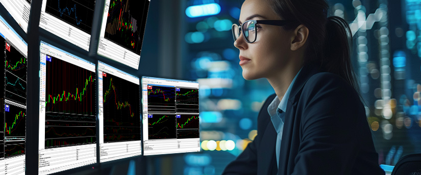 A woman wearing glasses analyzes multiple trading screens, reflecting the habits of forex traders.