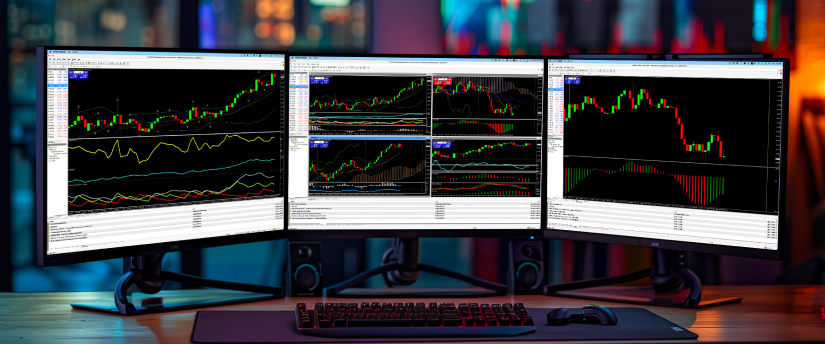 Three monitors show various trading strategies, including charts, graphs, and market data for analysis and decision-making.