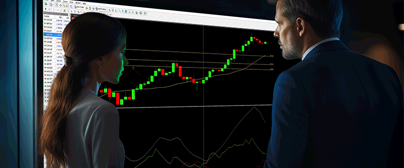 A man and woman observe a screen displaying an indicator related to MT4 trading software.