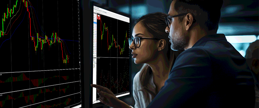 Two traders analysing price charts and market trends on multiple screens