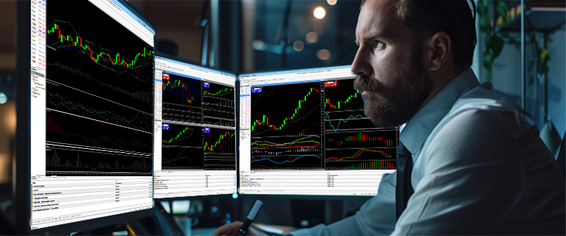 A focused man in business attire analyzes stock charts on multiple computer screens in a dimly lit office, reflecting a disciplined trading personal plan goal style and a serious, concentrated atmosphere.