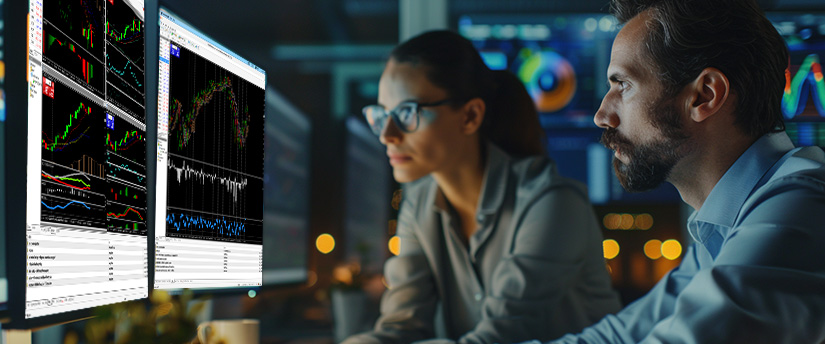 Two individuals analyzing trading data on a computer screen, focused on market trends, forex trading psychology, and how to stay calm during market volatility.