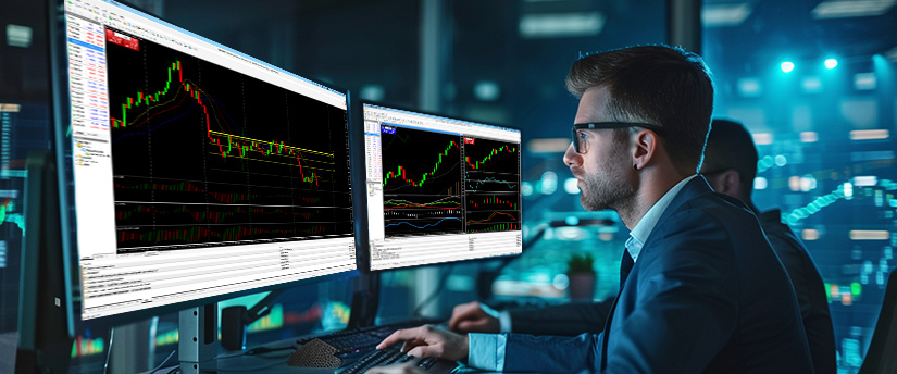 Trader analyzing trade gold XAUUSD charts and real-time market data on multiple monitors