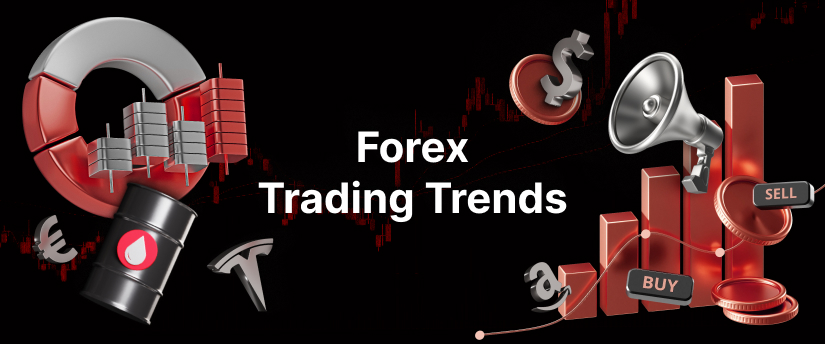 3D elements symbolize forex trading trends, with a magnet, currency symbols, and a megaphone. A chart and buy/sell buttons enhance the financial theme.