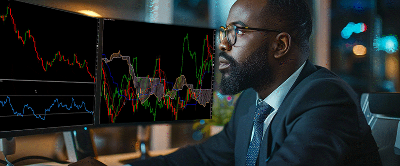 A man in a suit sits at a desk, focused on two computer monitors displaying colorful financial charts and stock market graphs in a dimly lit office, illustrating how emotions influence your trading.