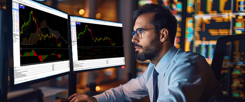 A man in a shirt and tie intently views financial trading charts on two computer monitors while studying strategies on how to trade forex during economic news releases.