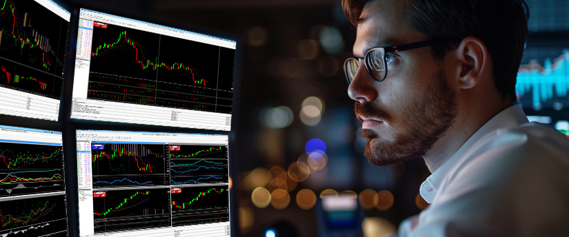 A focused man in glasses and a white shirt intently watches multiple computer monitors displaying financial charts, evaluating the impact of US inflation on market movements.