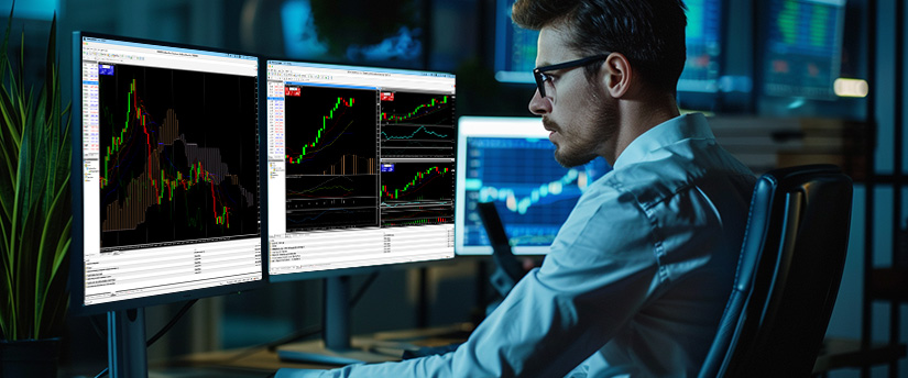 A man with glasses intently watches multiple computer monitors displaying complex financial charts in a dark office.