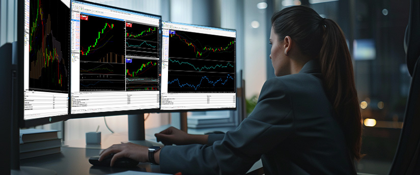 A woman in a blazer sits at a desk, using a mouse while viewing multiple computer screens displaying financial trading charts