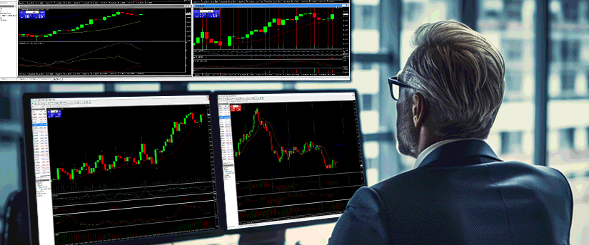 An older man in a suit studies financial charts and candlestick data across multiple monitors, analyzing institutional order flow in a modern city office.