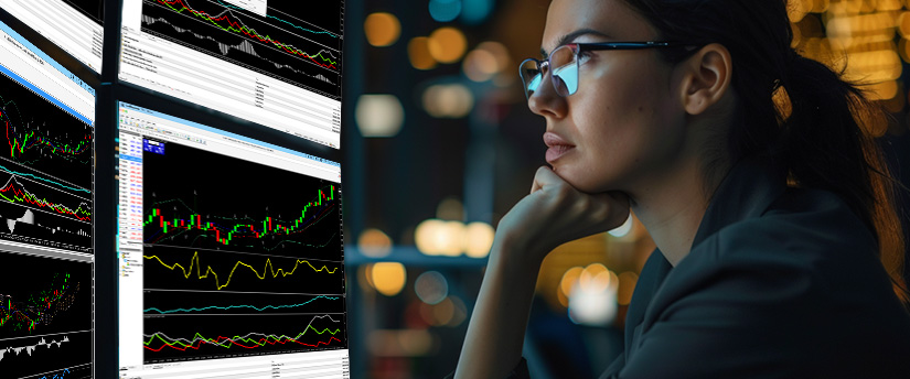 Female trader monitoring technical analysis charts on multiple screens to evaluate the best forex broker for day trading.