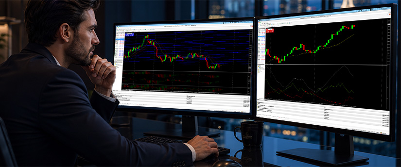 Professional day trader reviewing technical indicators on dual monitors through the best forex broker for day trading.