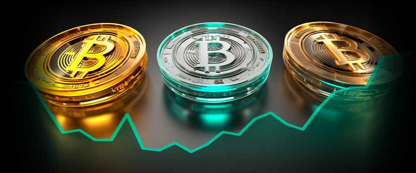 A row of three physical Bitcoin coins illuminated by a glowing green upward-trending market line graph, perfect for illustrative crypto news bitcoin ethereum market updates.