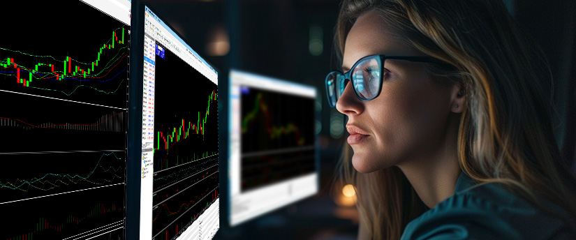 Professional female trader monitoring real-time currency charts on a screen, demonstrating how to calculate pips in forex.