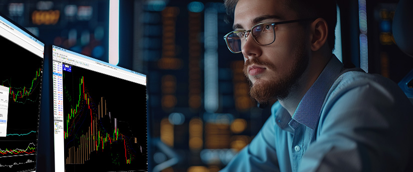 Young man with glasses analyzing financial charts on multiple screens, illustrating how to start trading as a student.