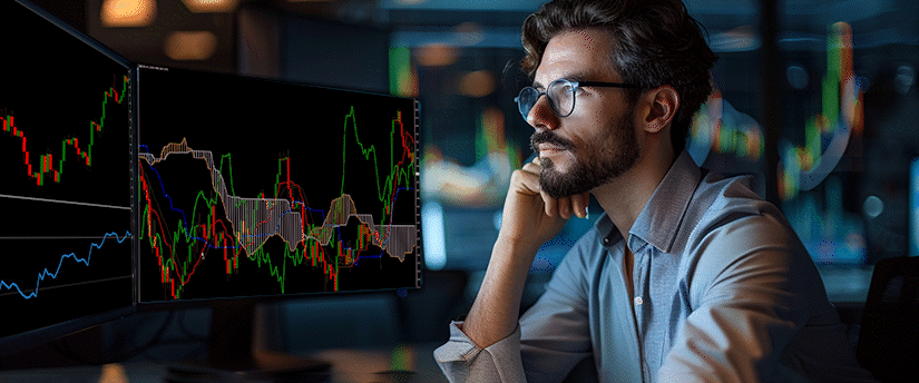 A male financial analyst observing live stock charts and price spreads in trading on dual screens in a dark office.