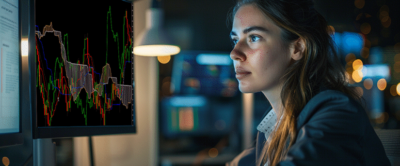 An analytical woman is seen in profile, studying a complex, detailed currency pair line chart on a large screen in a dimly lit office. This scene, captured in mt4 analysis image, exemplifies a practical application of trading with forex for beginners, highlighting the critical observation and data interpretation skills involved.
