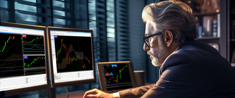Side profile of a grey-haired male trader in a suit and glasses analyzing real-time financial charts and AI signals on two desktop screens and a tablet.