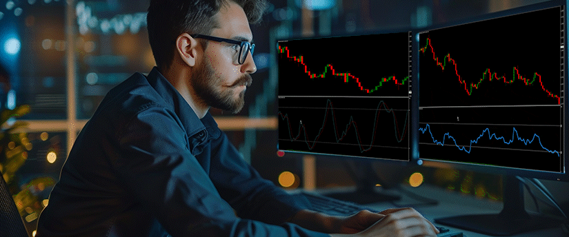 A male trader wearing glasses sits at a desk in a dark room, closely reviewing financial charts and AI signals displayed across two computer monitors.