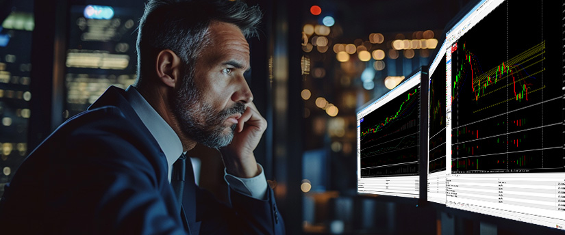 A bearded businessman in a suit resting his chin on his hand while analyzing currency pair strength across multiple desktop monitors.