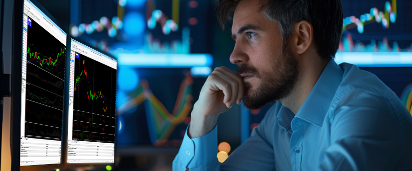 A man sitting in front of desktop screens displaying green and red candlestick charts, evaluating currency pair strength in a modern office.