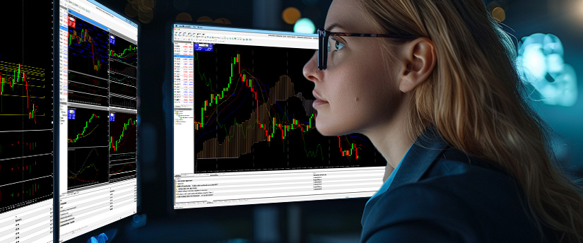 Side view of a woman wearing glasses reviewing detailed candlestick charts on dual monitors to determine currency pair strength.