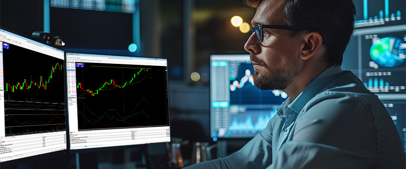 Side view of a male trader in glasses examining real-time data and charts for popular cryptocurrencies in a modern trading office.