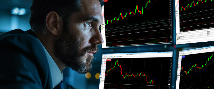 Professional trader analyzing MetaTrader 4 charts to explain what are commodities stocks on multiple screens.