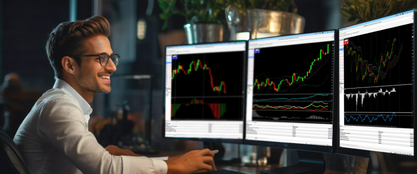 A smiling male trader looking at three monitors displaying bullish market charts during a night session, representing financial success and answering what is a commodity in economics through market trading.