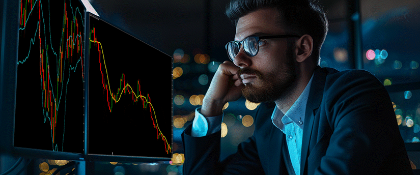 A focused male trader analyzing financial market charts on multiple monitors at night, providing a visual context for understanding what is a commodity in economics and how raw materials are traded globally.