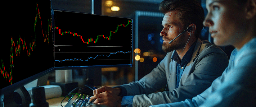 AI-assisted trading analysis showing market charts, price movements and technical indicators