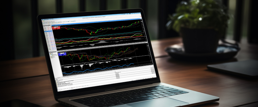 Laptop displaying AI trading chart analysis with technical indicators and market data