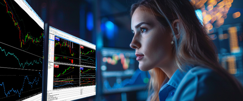 Beginner trader using a desktop platform to analyse charts and learn day trading