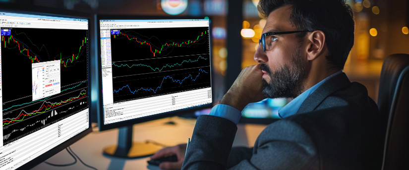 Trader reviewing market charts on a day trading app with simple technical indicators