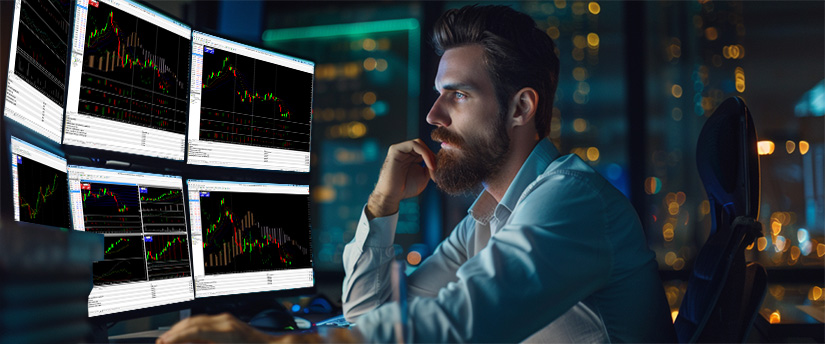 Trader monitoring multiple stock index charts for short-term day trading opportunities