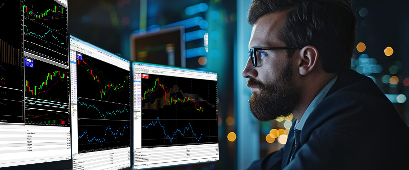 Trader analyzing Dow Jones index charts and candlestick patterns across multiple monitors