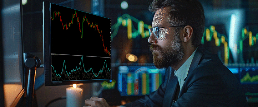 Trader monitoring index price movements on screen with candlestick and volume charts, illustrating what indices are in trading.