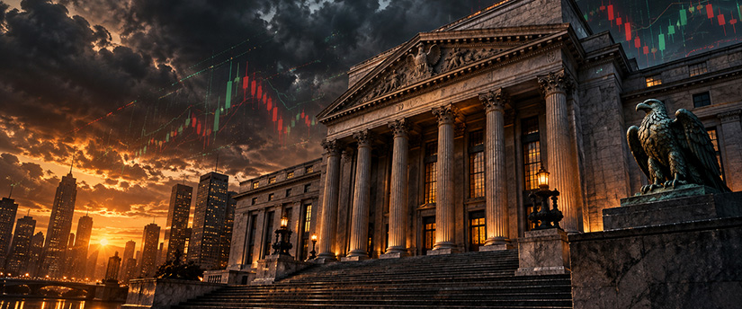 Central bank building with financial charts illustrating hawkish vs dovish monetary policy